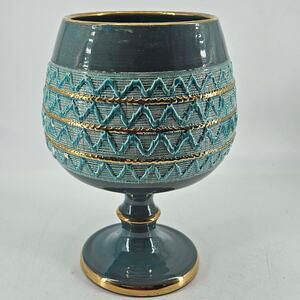 Teal Gold MCM Mid Century Modern pedestal footed planter vase Italy 9"